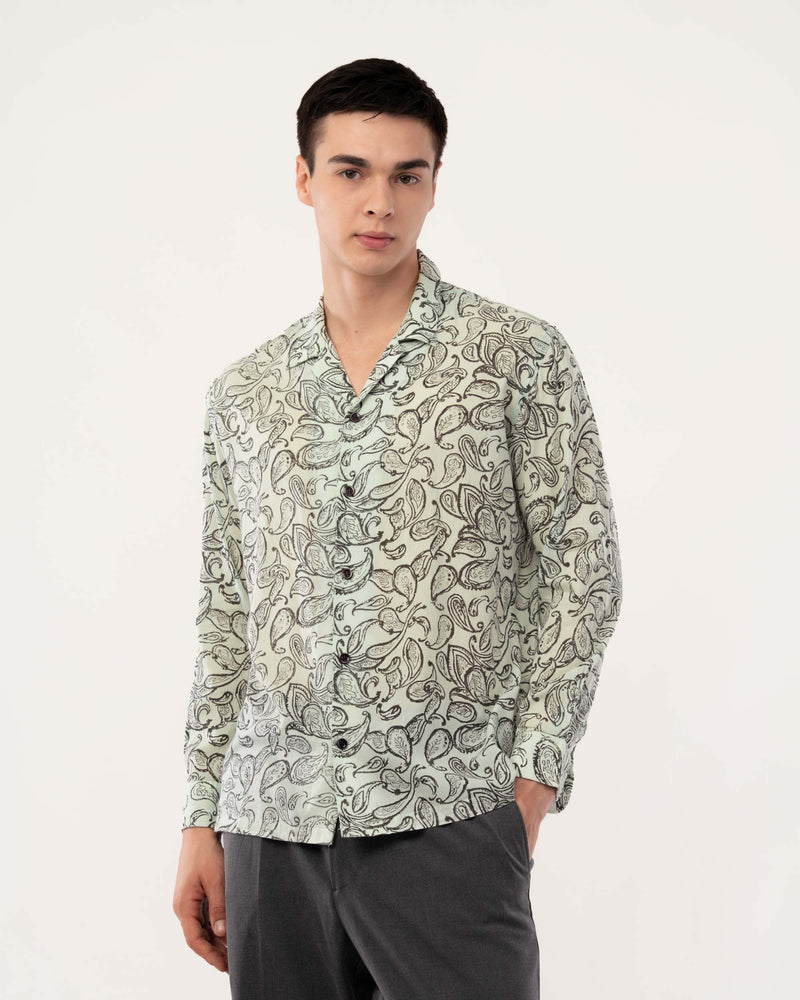 Mint Green Block Print Voile Shirt for Men