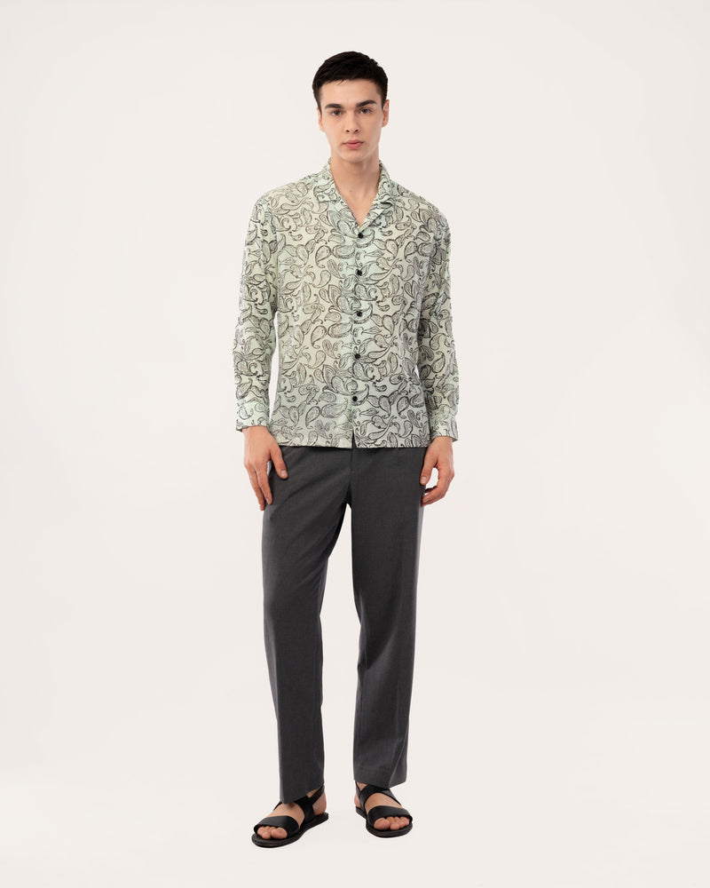 Mint Green Block Print Voile Shirt for Men