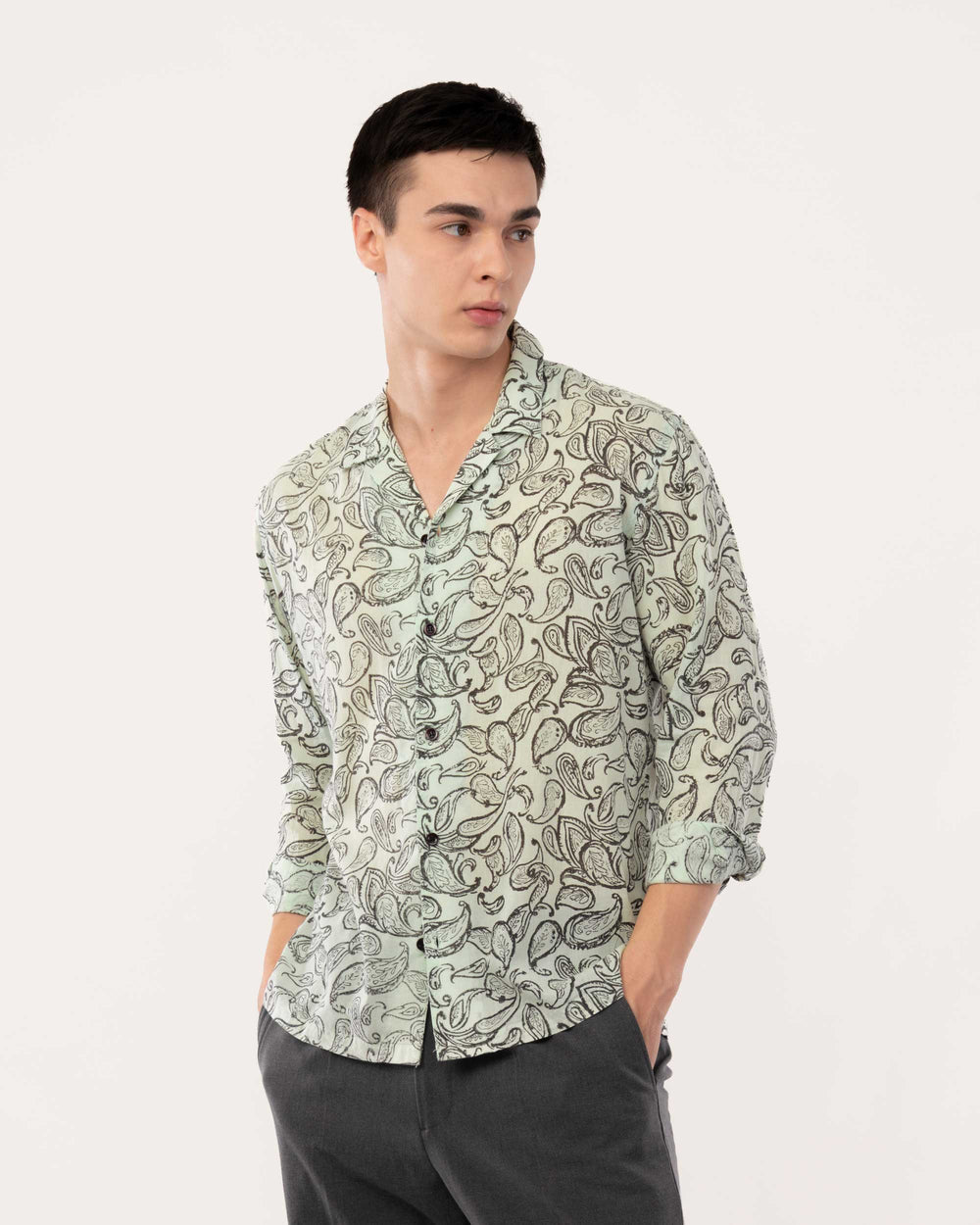Mint Green Block Print Voile Shirt for Men
