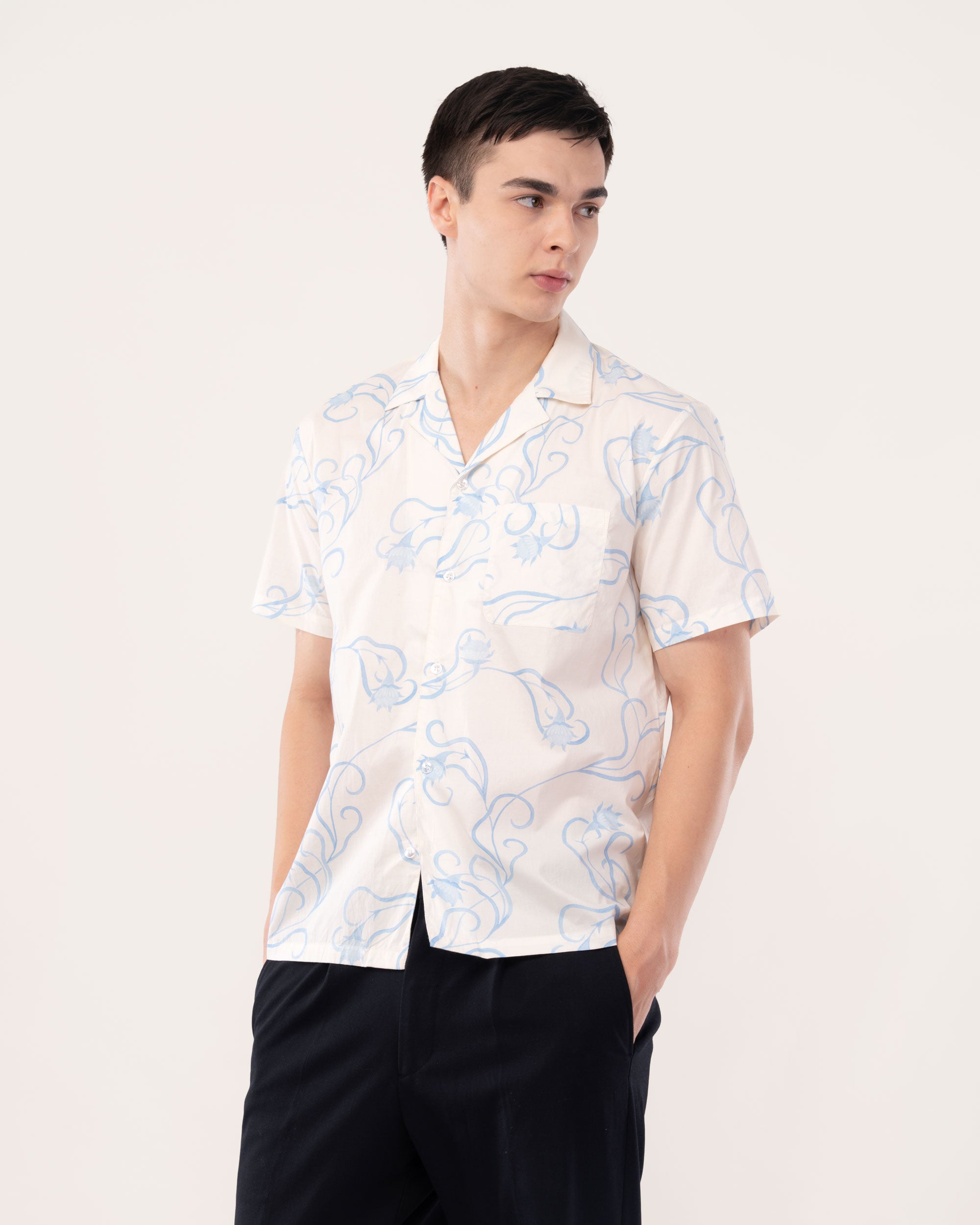 Off White Floral Poplin Cuban Collar Shirt for Men