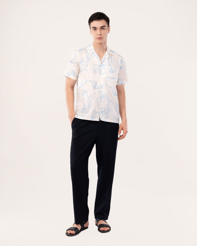 Off White Floral Poplin Cuban Collar Shirt for Men