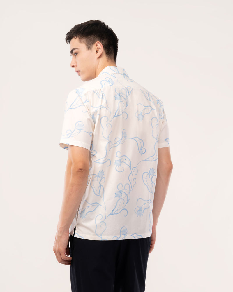 Off White Floral Poplin Cuban Collar Shirt for Men