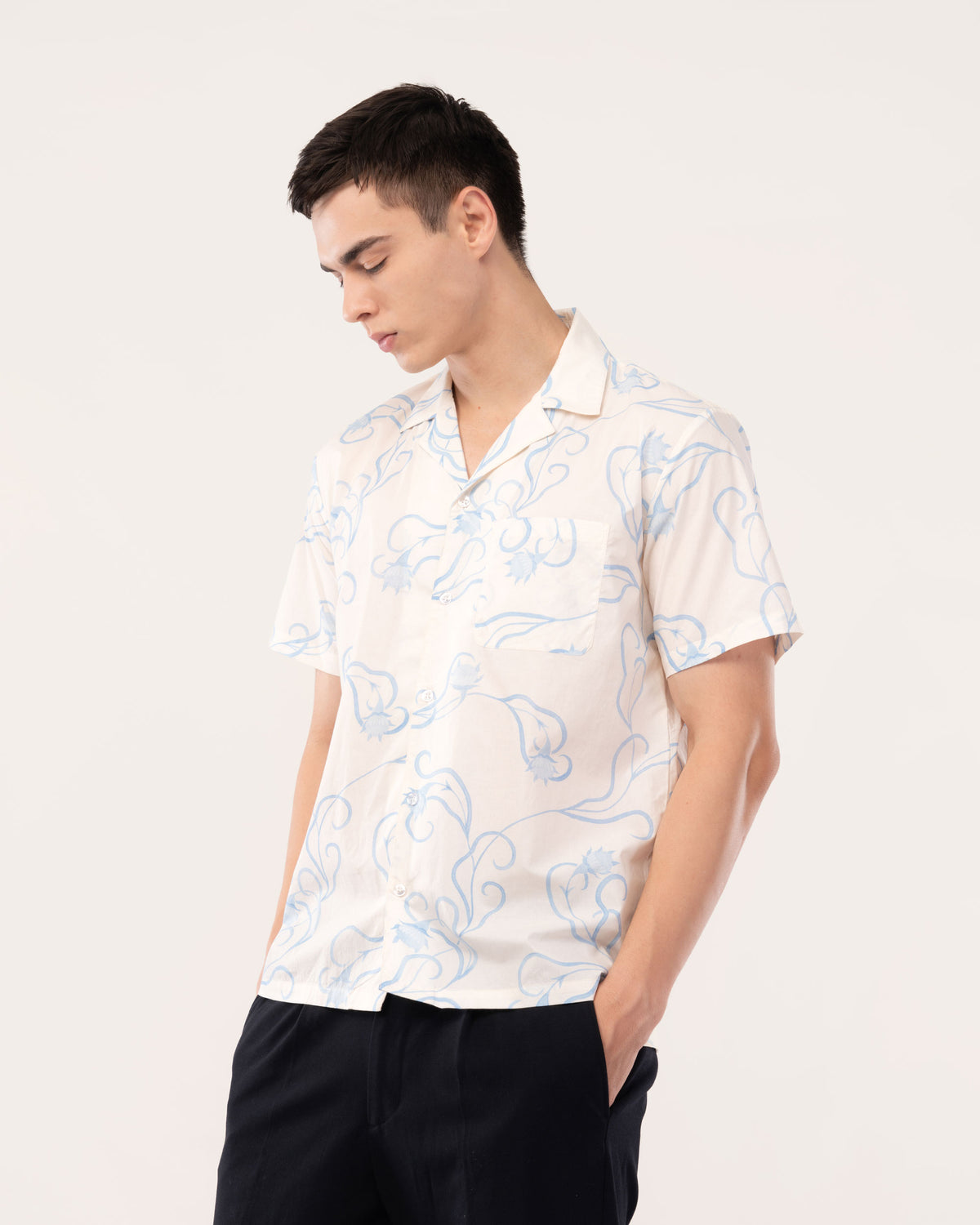 Off White Floral Poplin Cuban Collar Shirt for Men