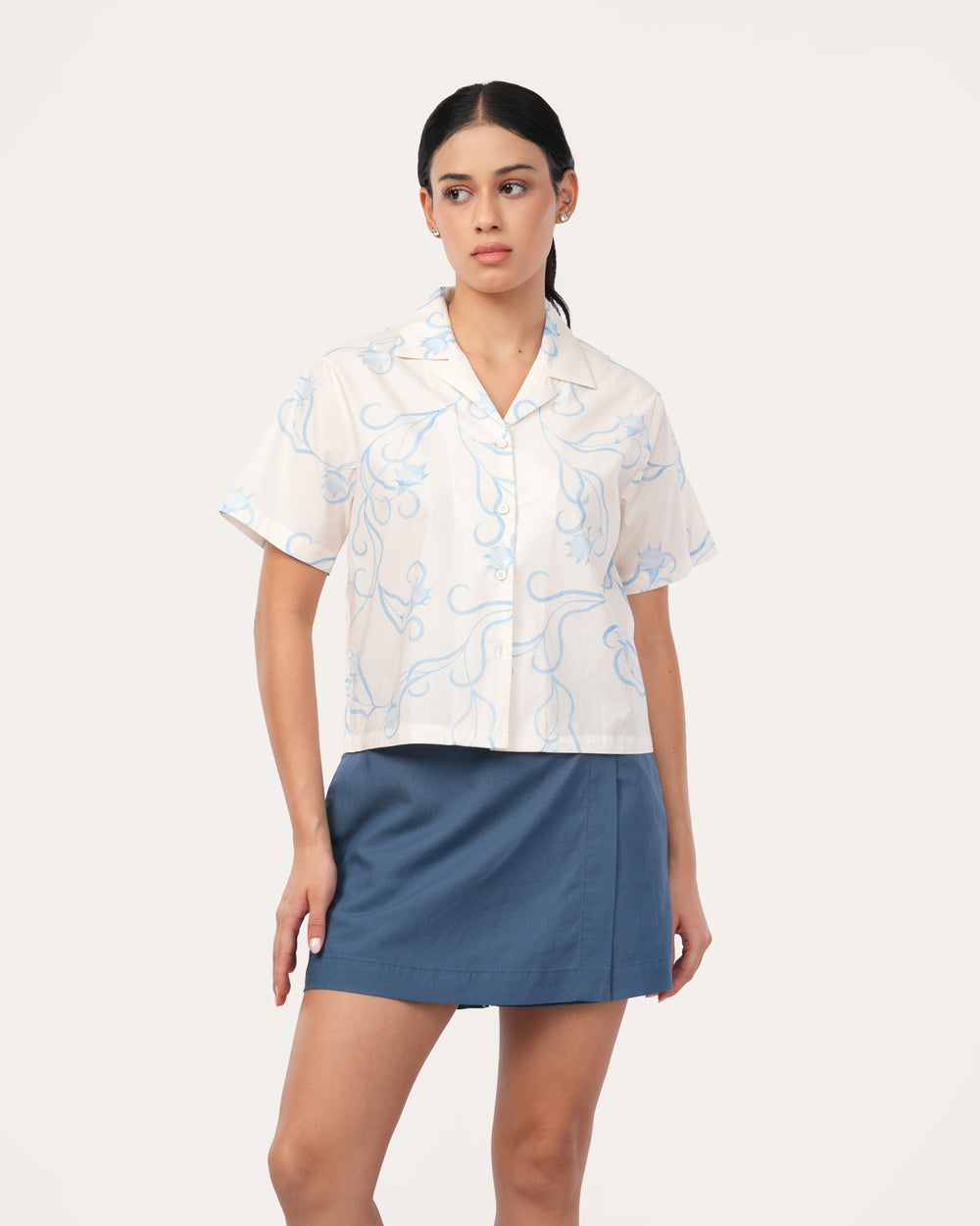 Off White Floral Poplin Cuban Collar Shirt for Women