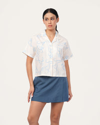 Off White Floral Poplin Cuban Collar Shirt for Women