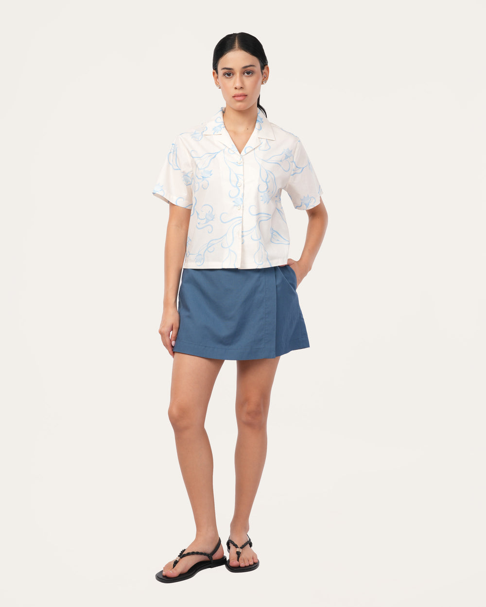 Off White Floral Poplin Cuban Collar Shirt for Women