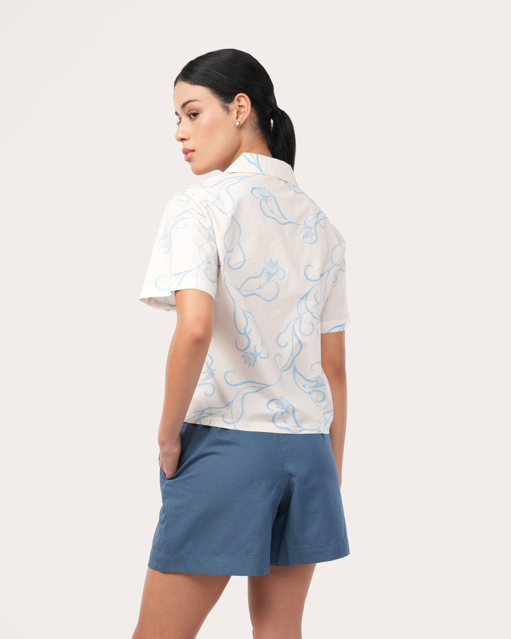 Off White Floral Poplin Cuban Collar Shirt for Women