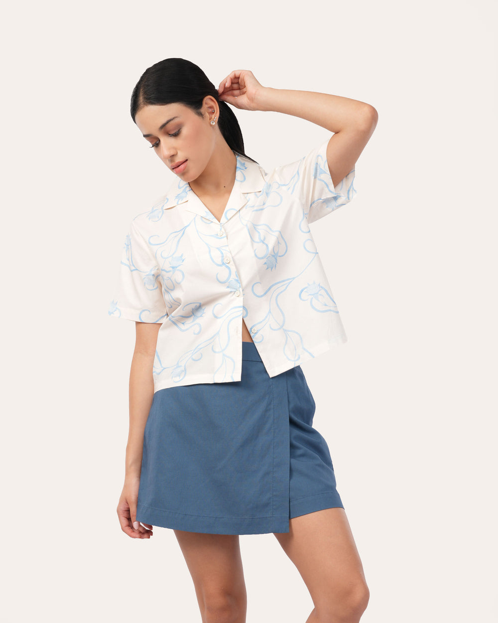 Off White Floral Poplin Cuban Collar Shirt for Women