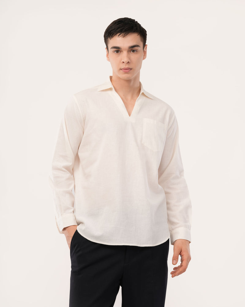 Off White Linen Popover Shirt for Men