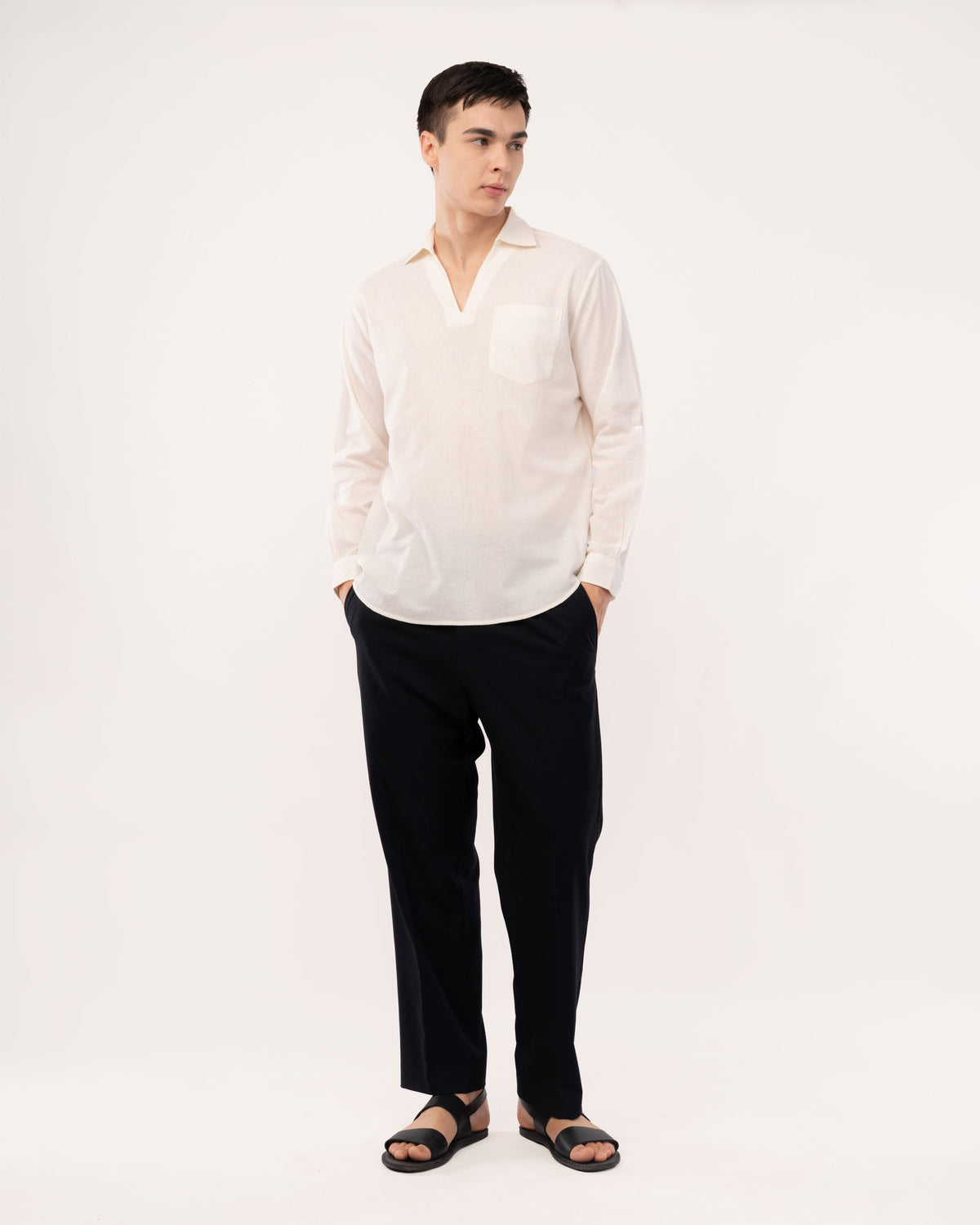 Off White Linen Popover Shirt for Men
