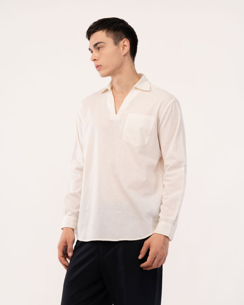 Off White Linen Popover Shirt for Men