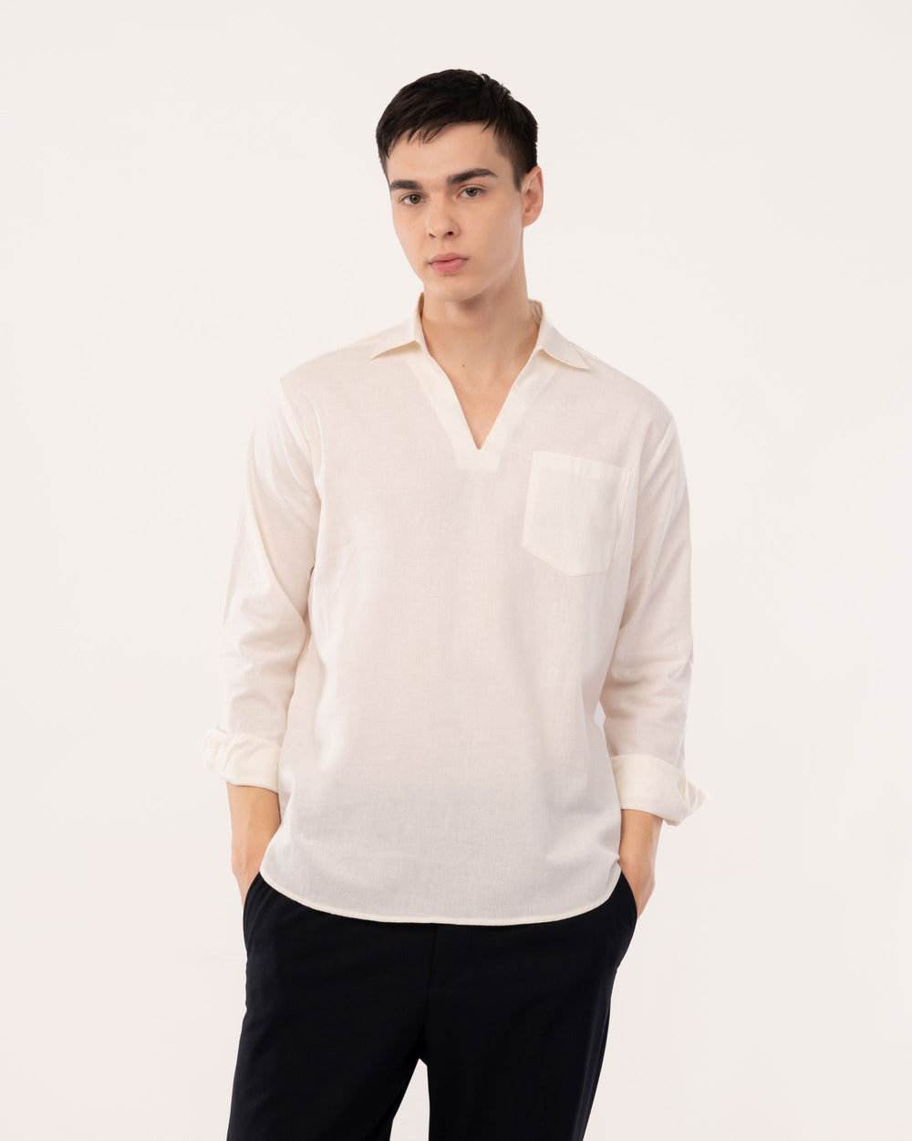 Off White Linen Popover Shirt for Men