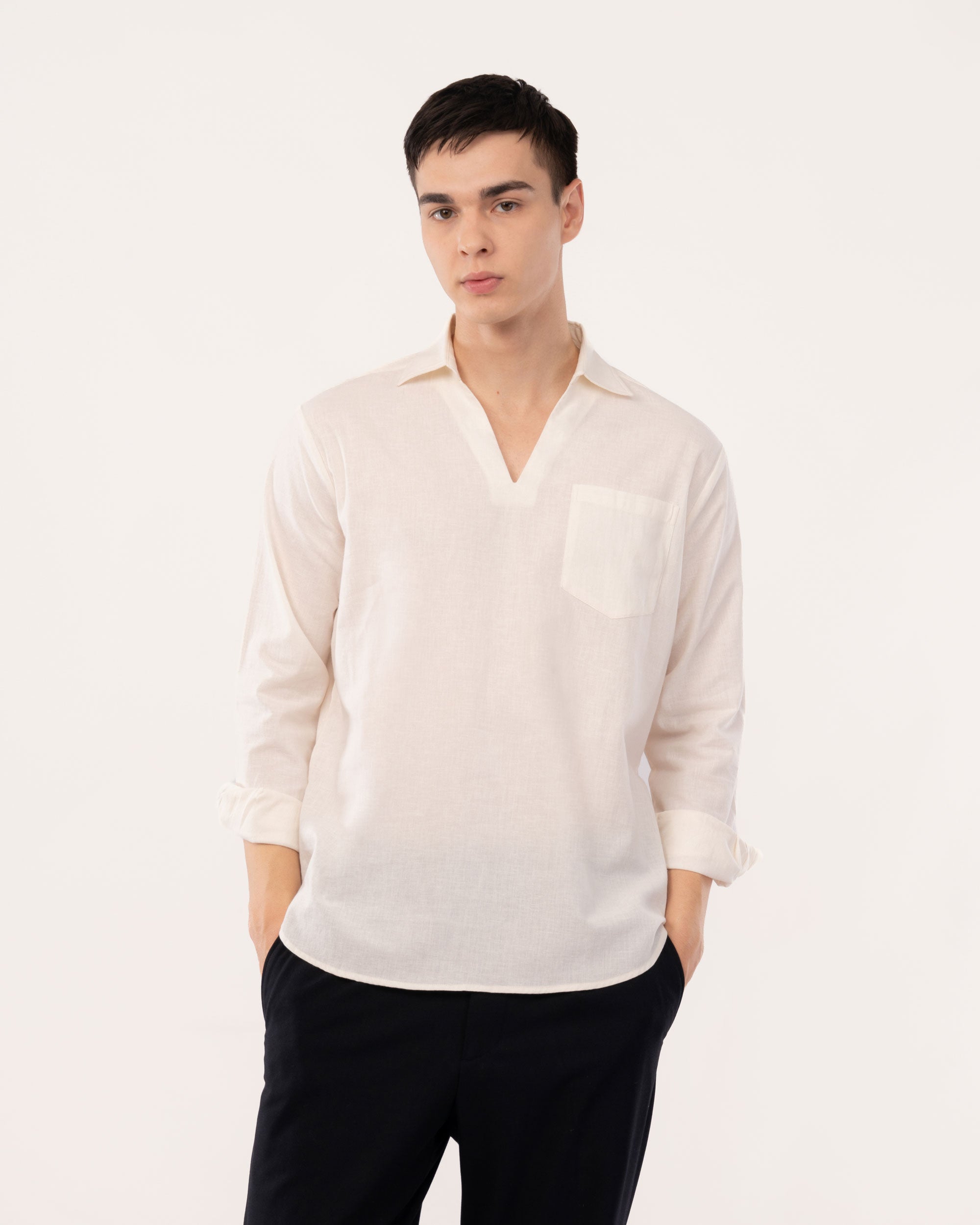 Off White Linen Popover Shirt for Men