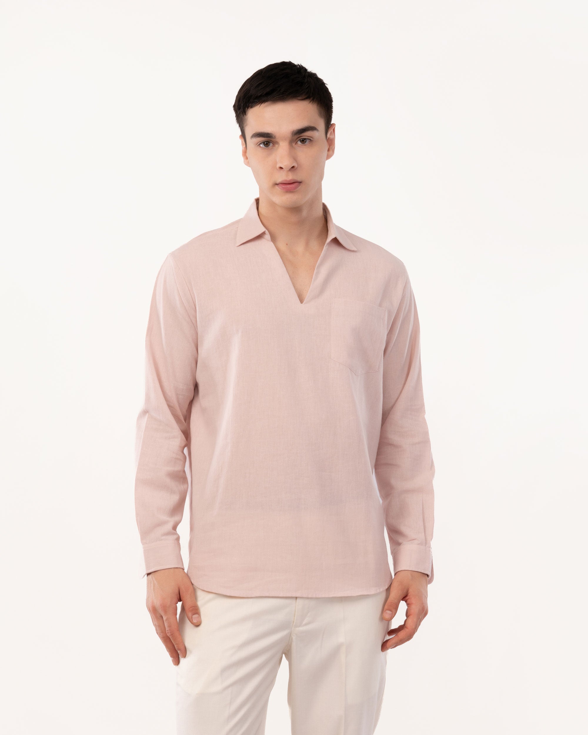 Peach Linen Popover Shirt for Men