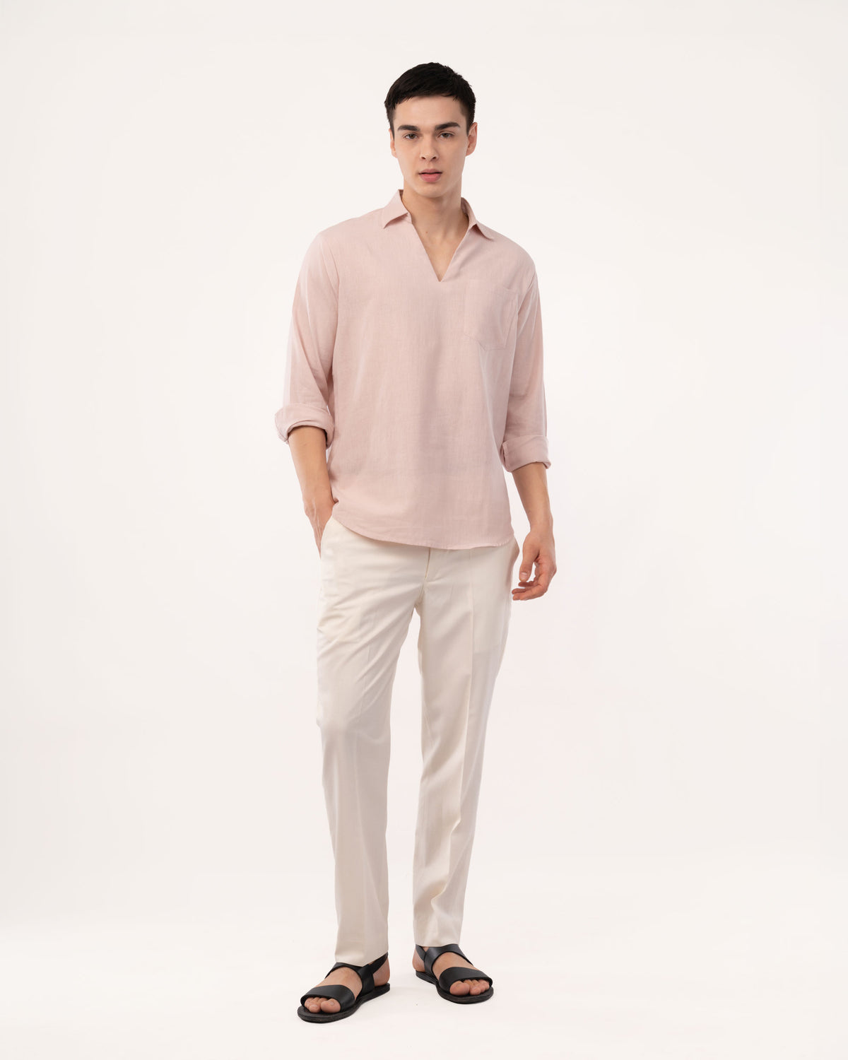 Peach Linen Popover Shirt for Men