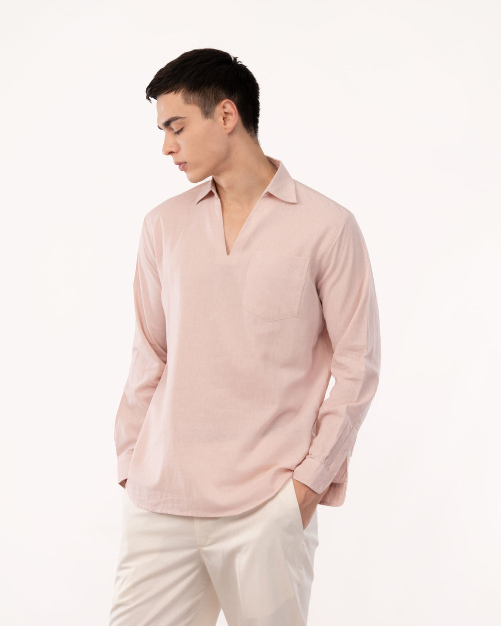 Peach Linen Popover Shirt for Men
