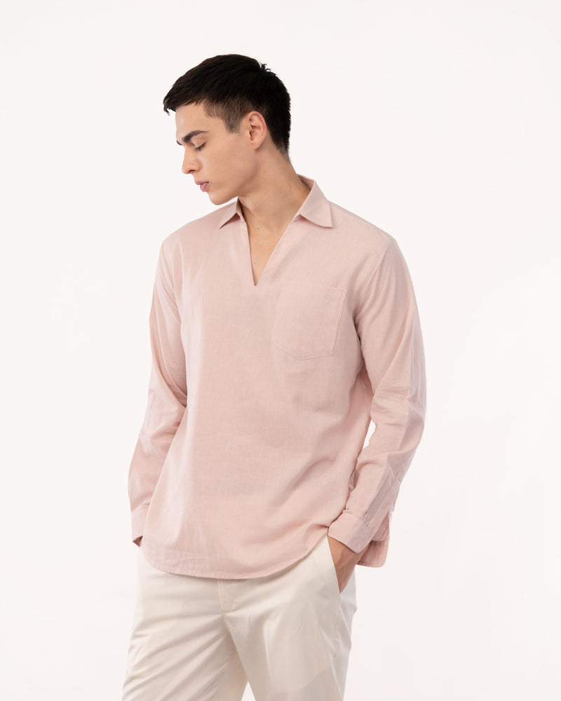 Peach Linen Popover Shirt for Men