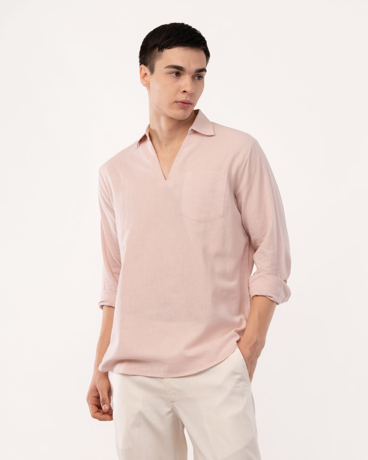 Peach Linen Popover Shirt for Men