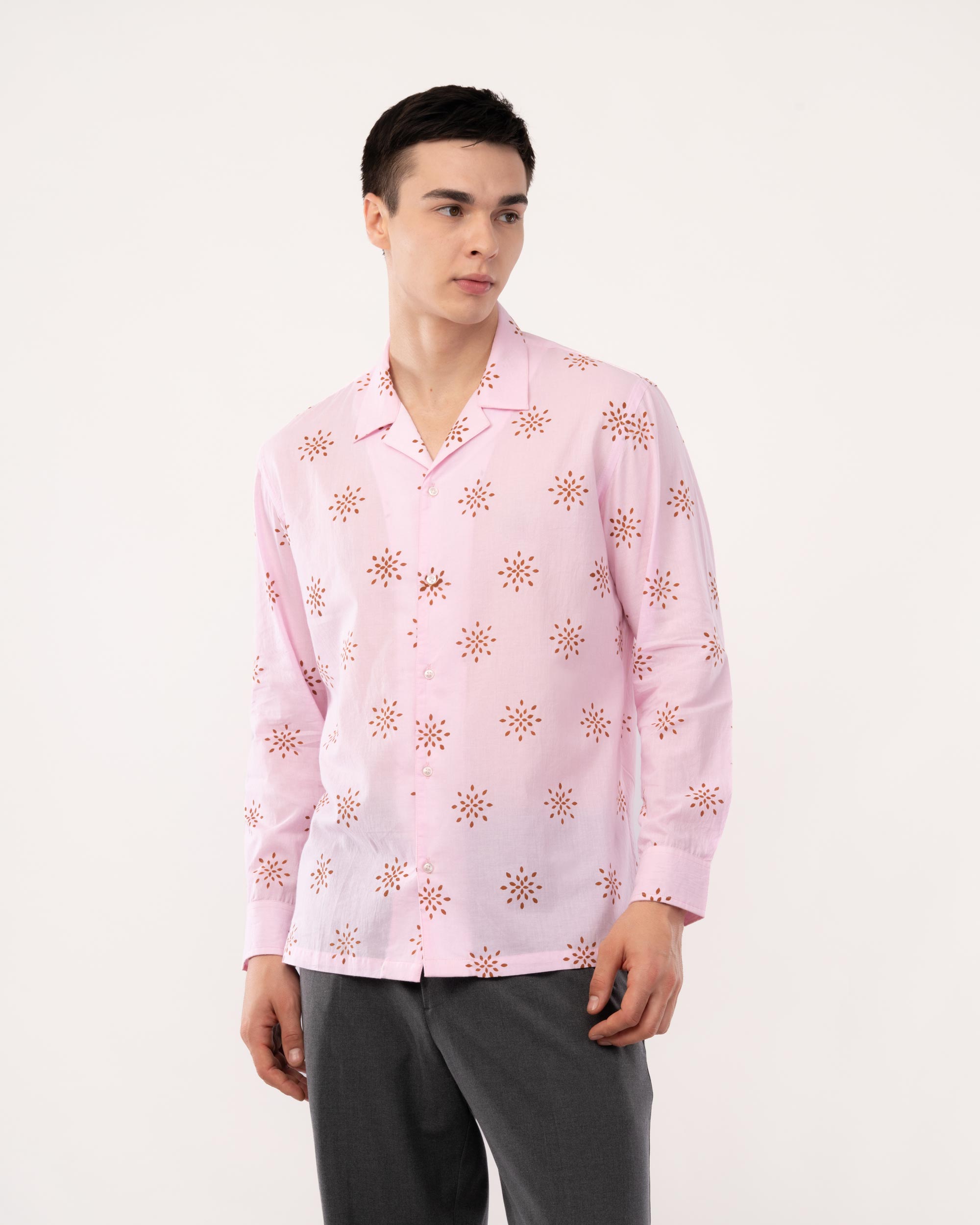 Pink Block Print Cuban Collar Shirt for Men