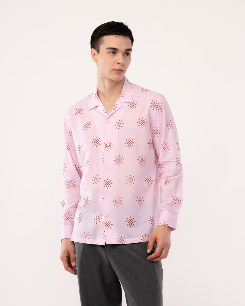 Pink Block Print Cuban Collar Shirt for Men