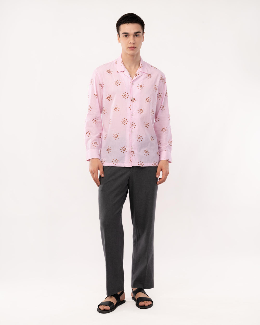 Pink Block Print Cuban Collar Shirt for Men