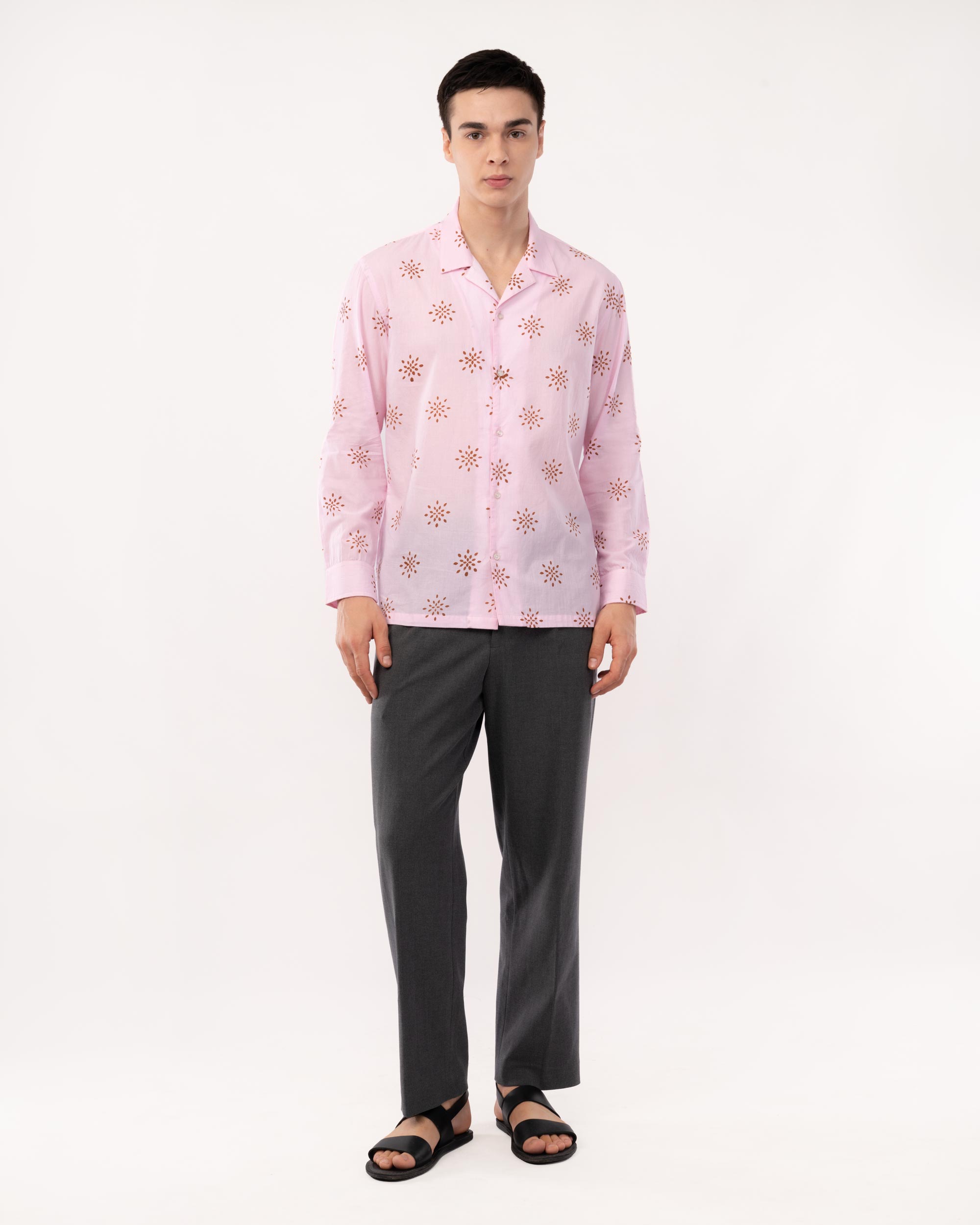 Pink Block Print Cuban Collar Shirt for Men