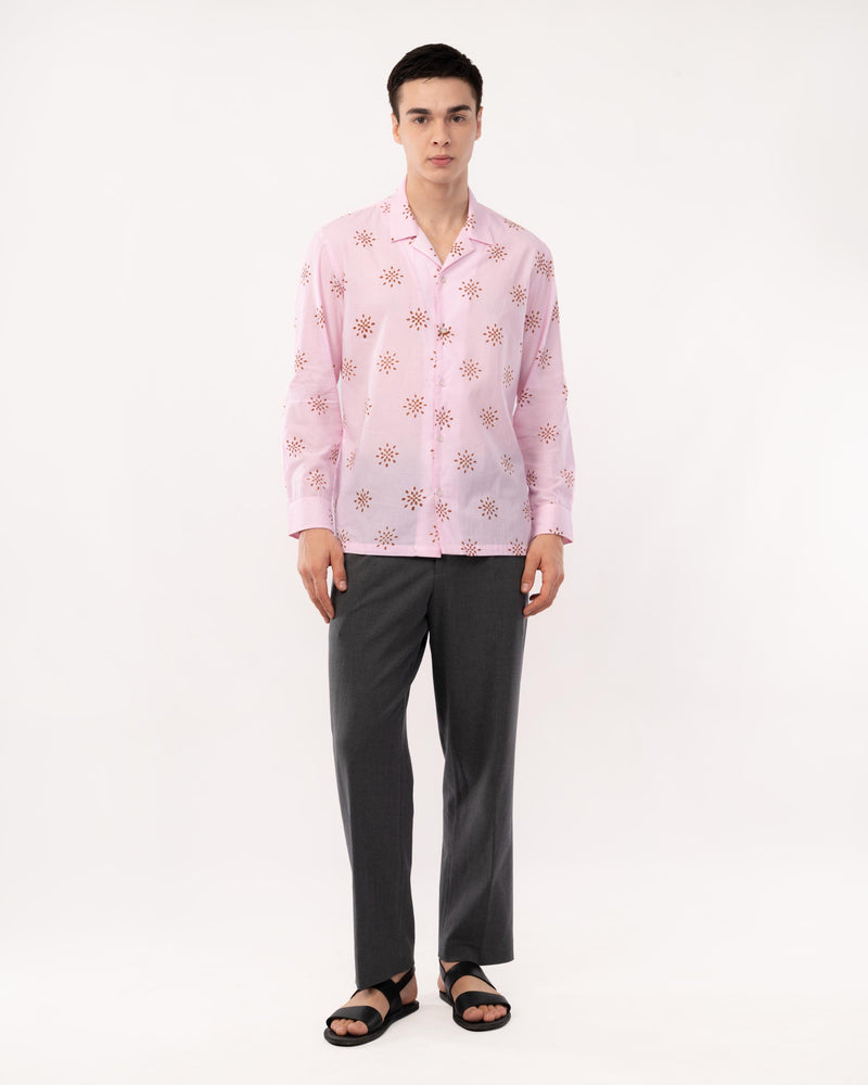 Pink Block Print Cuban Collar Shirt for Men