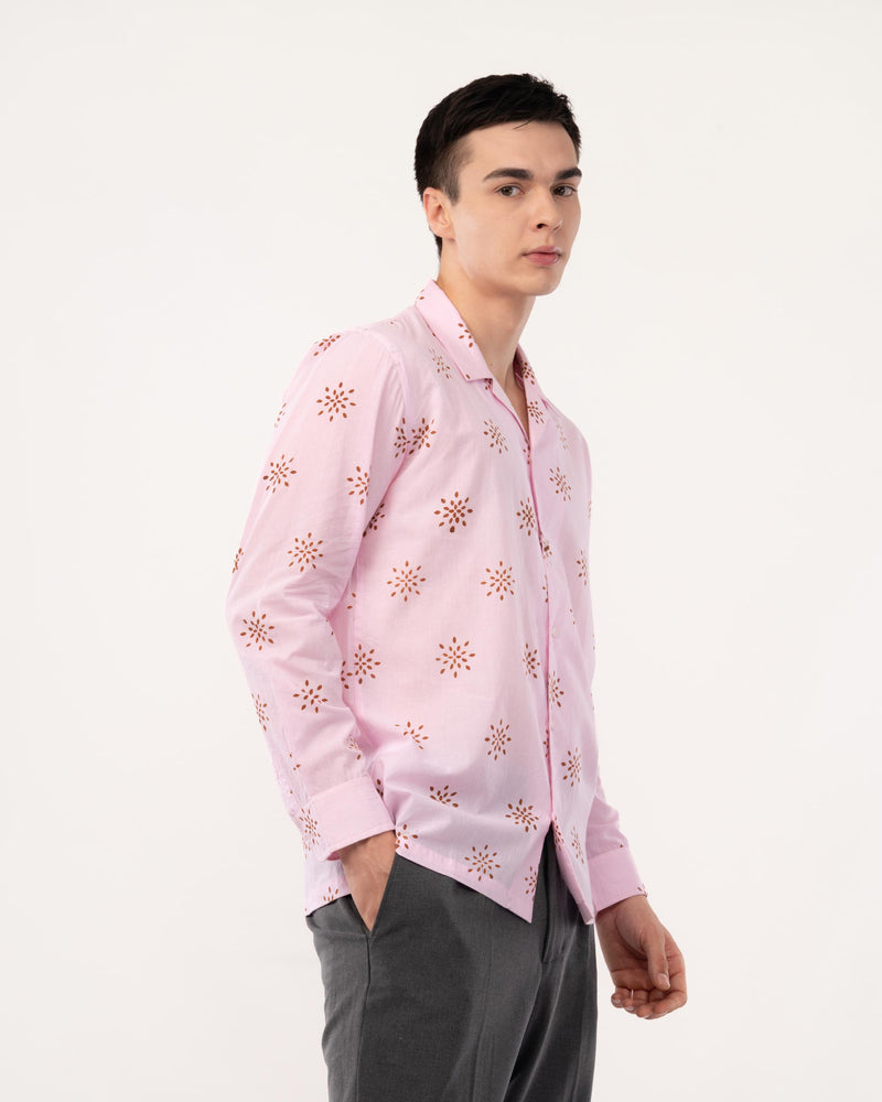 Pink Block Print Cuban Collar Shirt for Men
