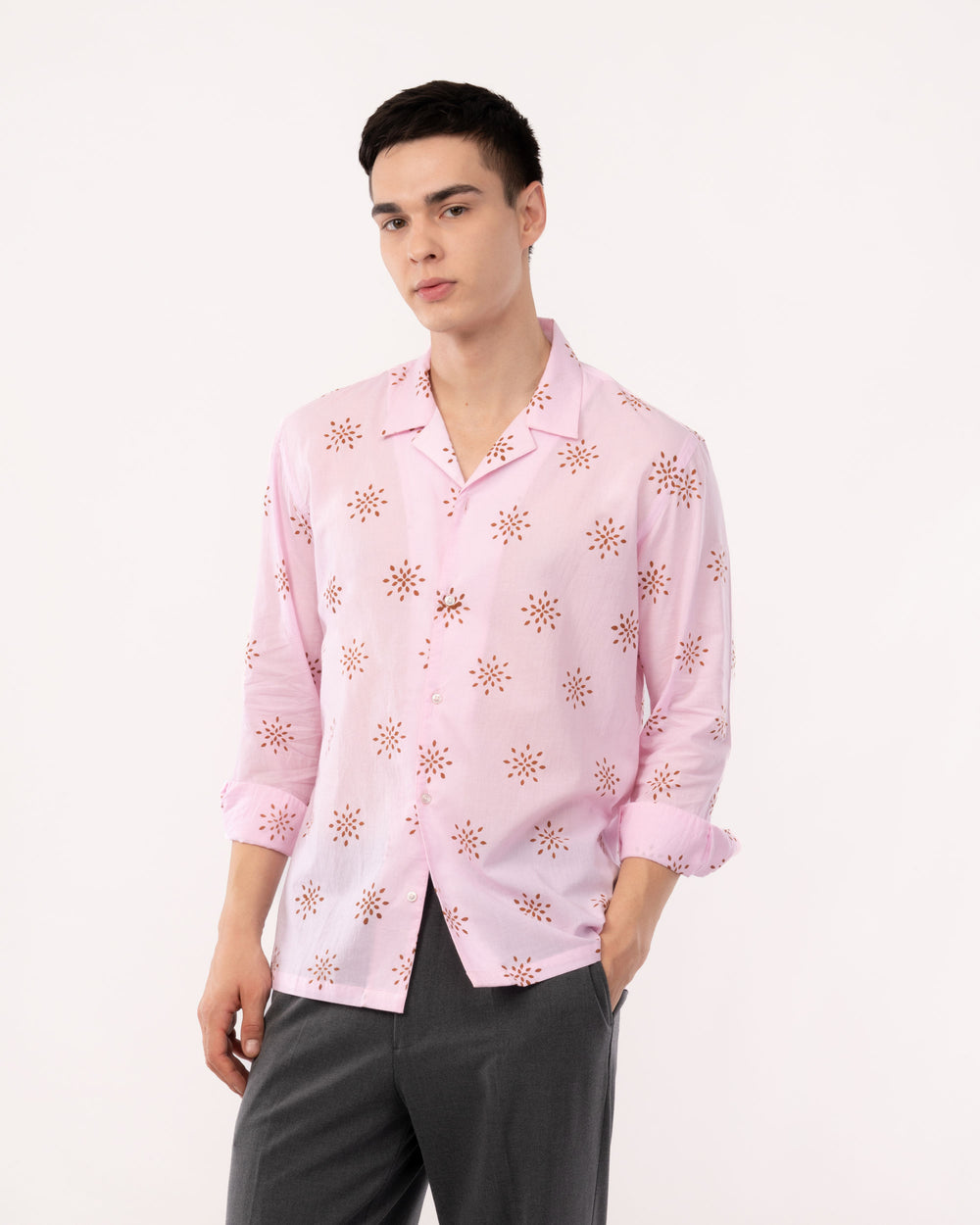 Pink Block Print Cuban Collar Shirt for Men
