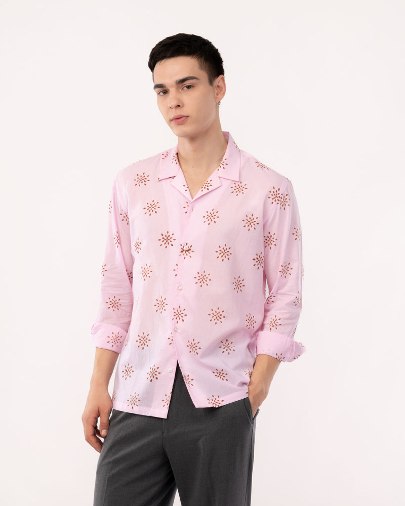 Pink Block Print Cuban Collar Shirt for Men
