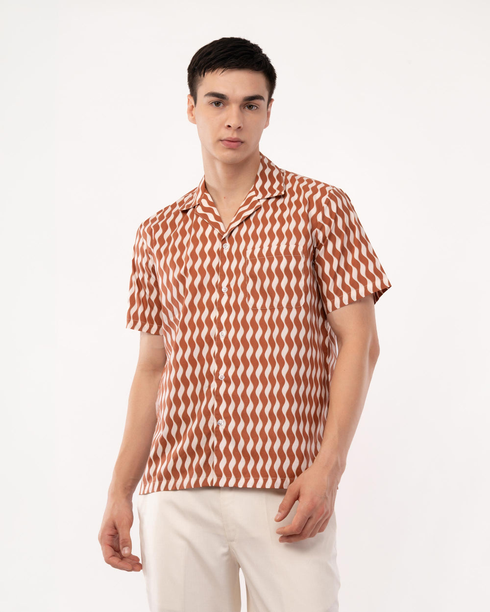 Rust Printed Poplin Cuban Collar Shirt for Men