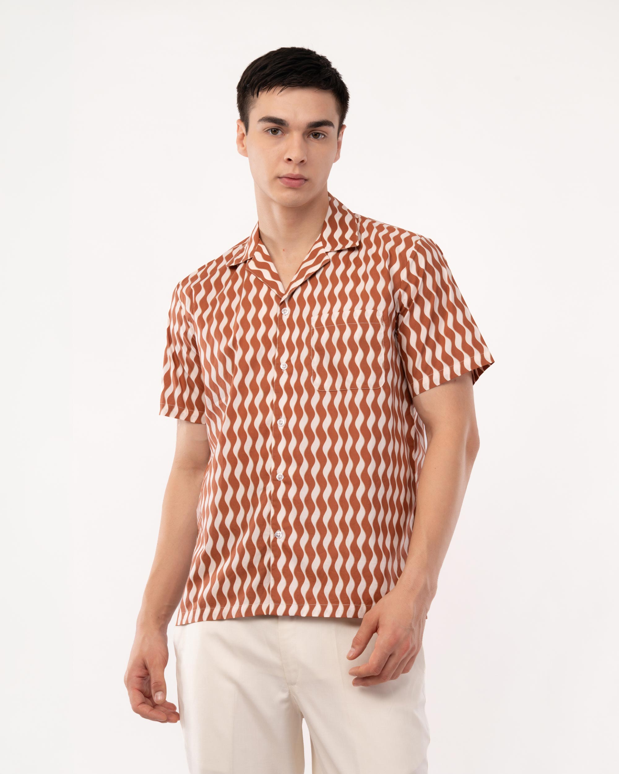 Rust Printed Poplin Cuban Collar Shirt for Men
