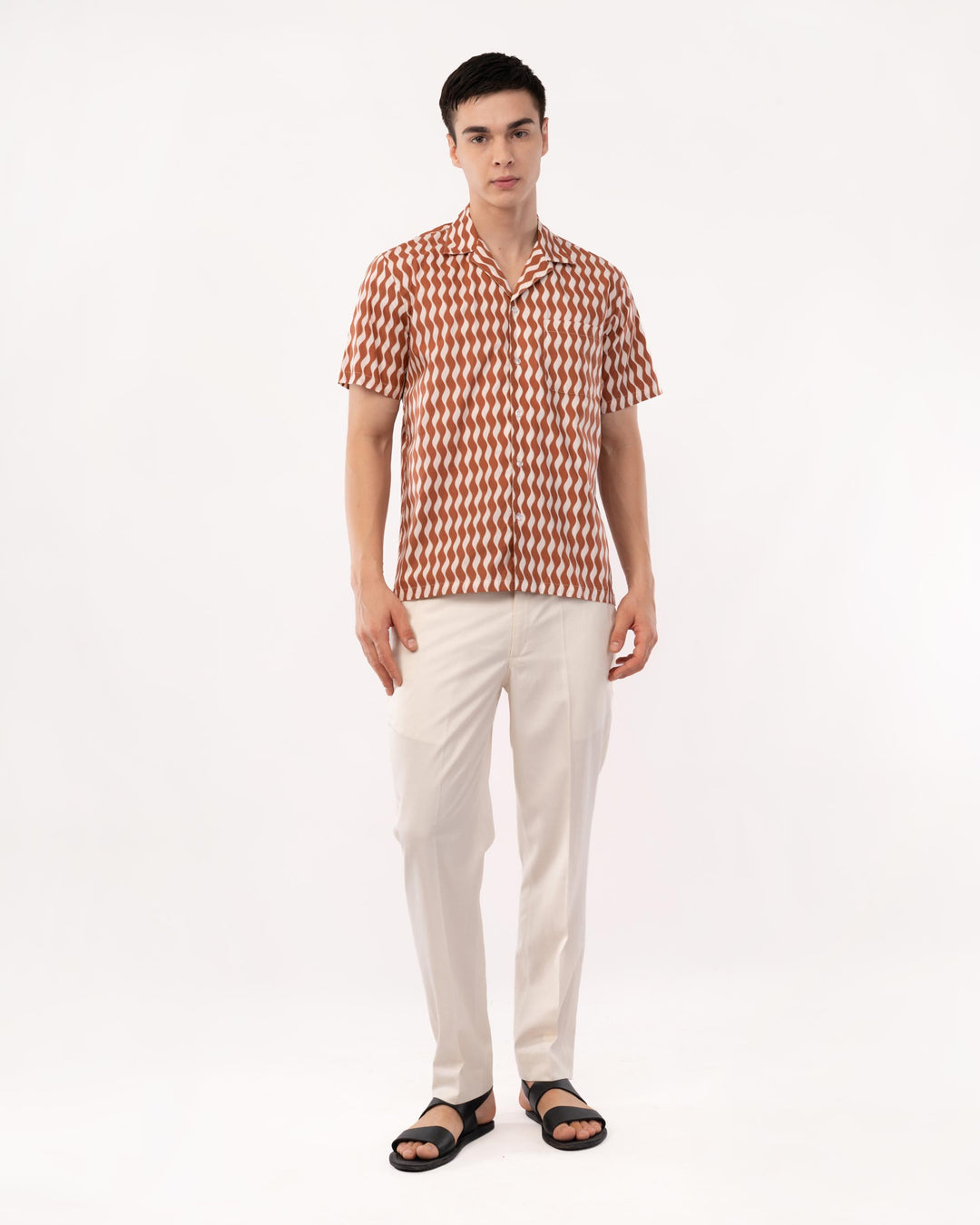 Rust Printed Poplin Cuban Collar Shirt for Men