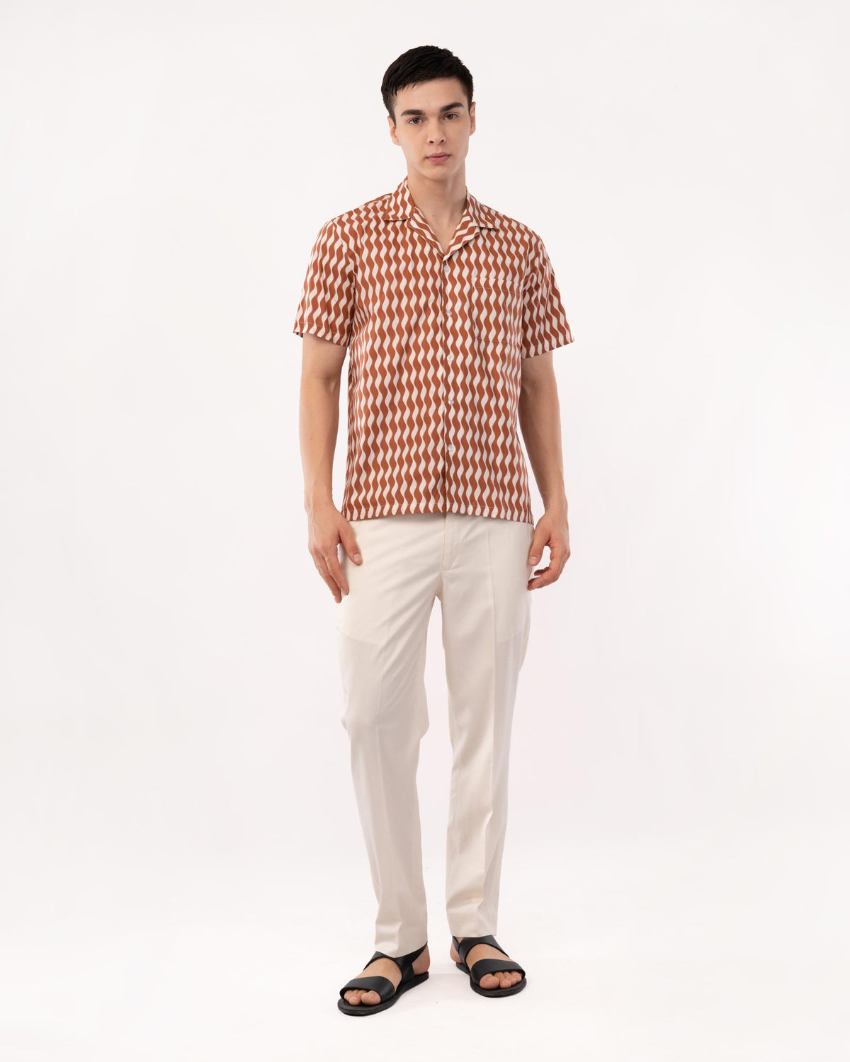 Rust Printed Poplin Cuban Collar Shirt for Men