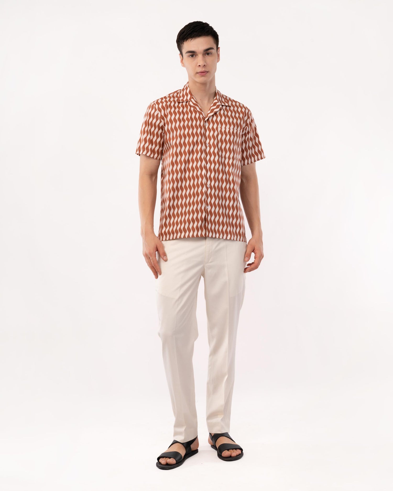 Rust Printed Poplin Cuban Collar Shirt for Men