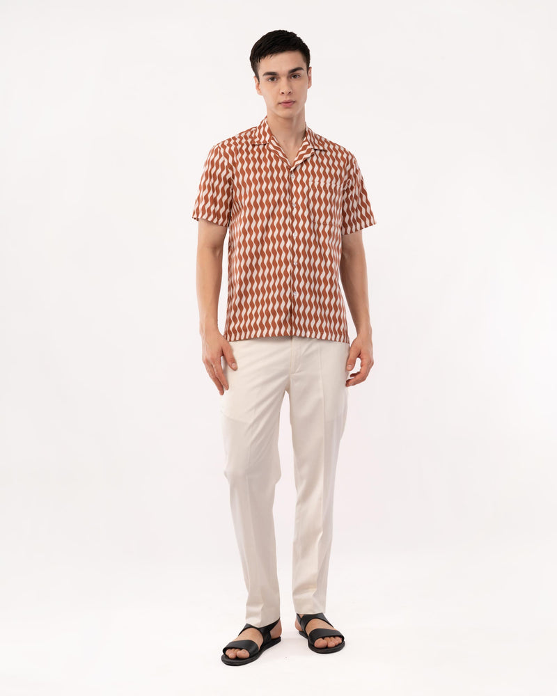 Rust Printed Poplin Cuban Collar Shirt for Men