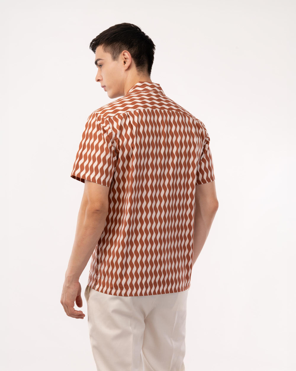 Rust Printed Poplin Cuban Collar Shirt for Men
