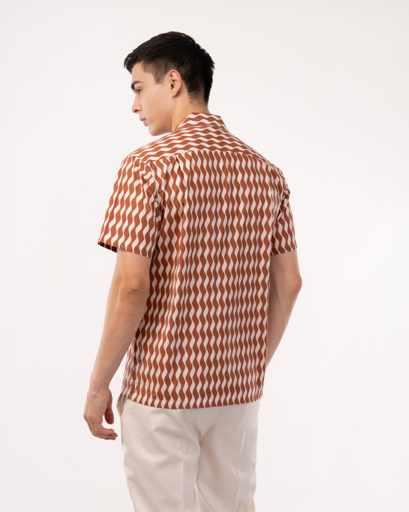 Rust Printed Poplin Cuban Collar Shirt for Men