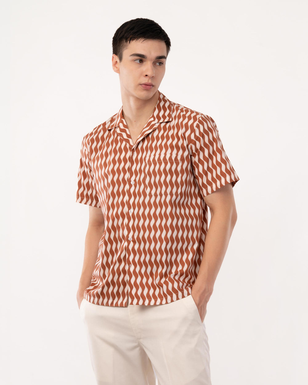 Rust Printed Poplin Cuban Collar Shirt for Men