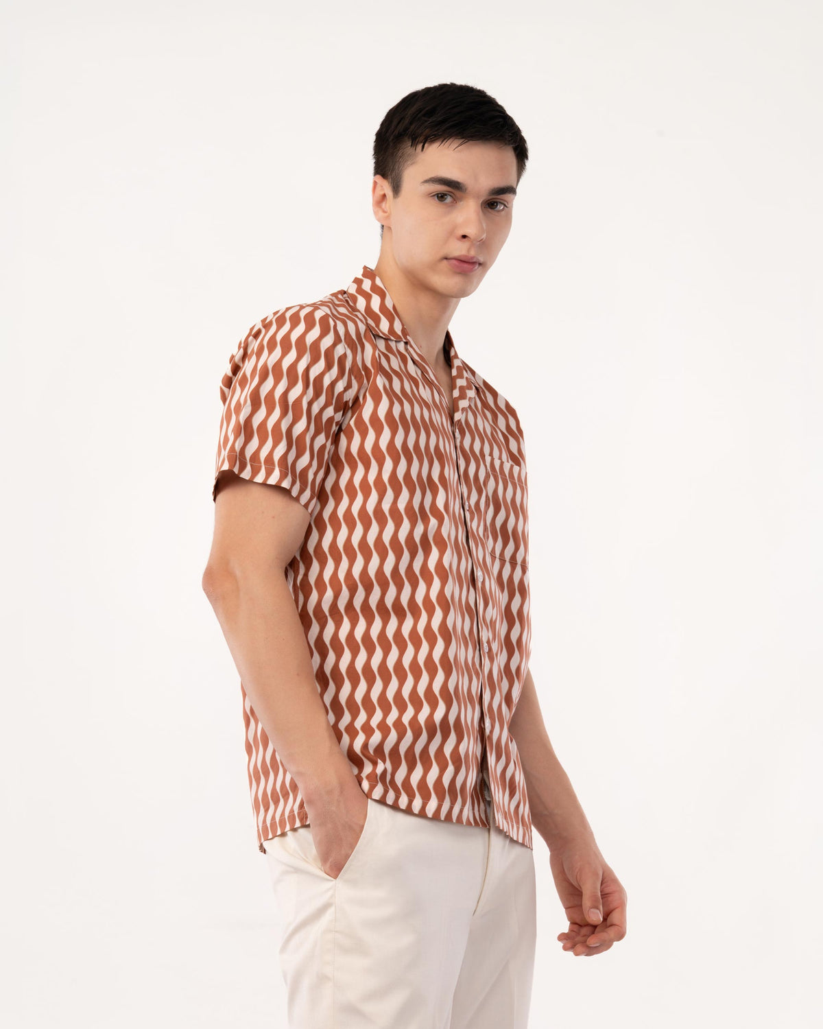 Rust Printed Poplin Cuban Collar Shirt for Men