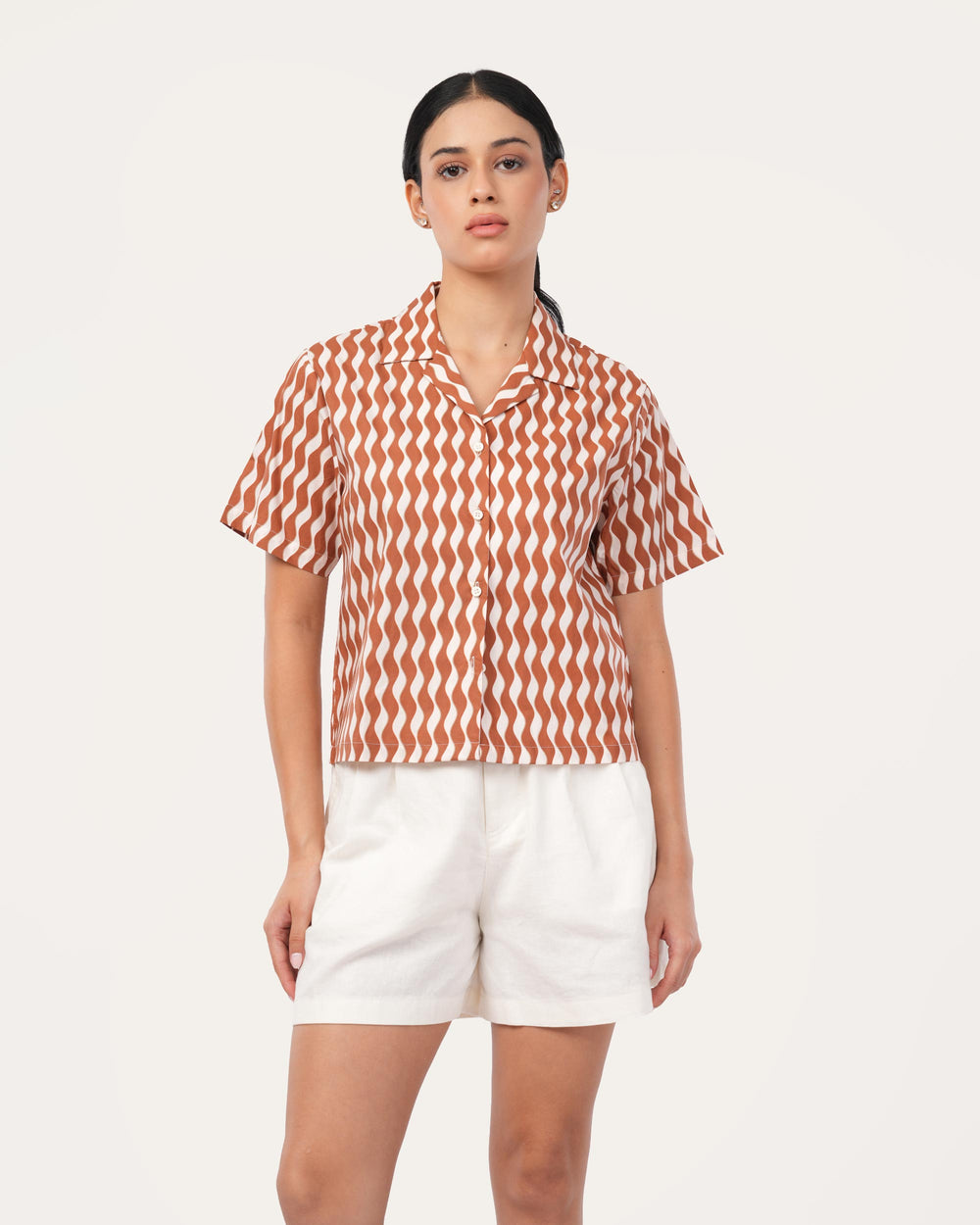 Rust Printed Poplin Cuban Collar Shirt for Women
