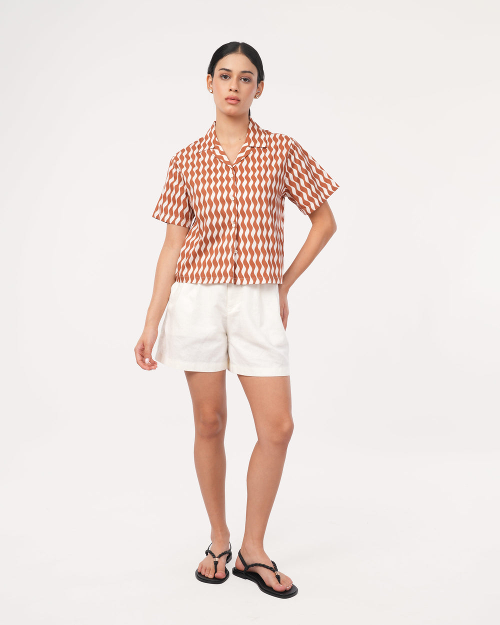 Rust Printed Poplin Cuban Collar Shirt for Women