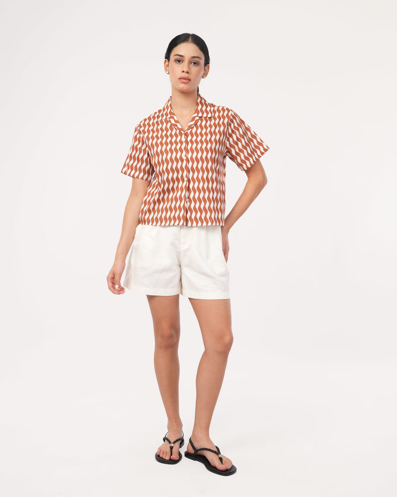 Rust Printed Poplin Cuban Collar Shirt for Women