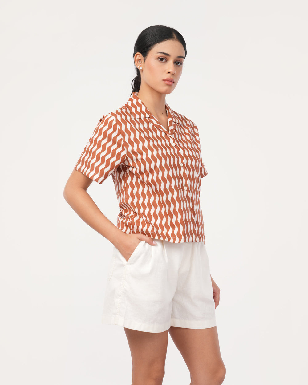 Rust Printed Poplin Cuban Collar Shirt for Women