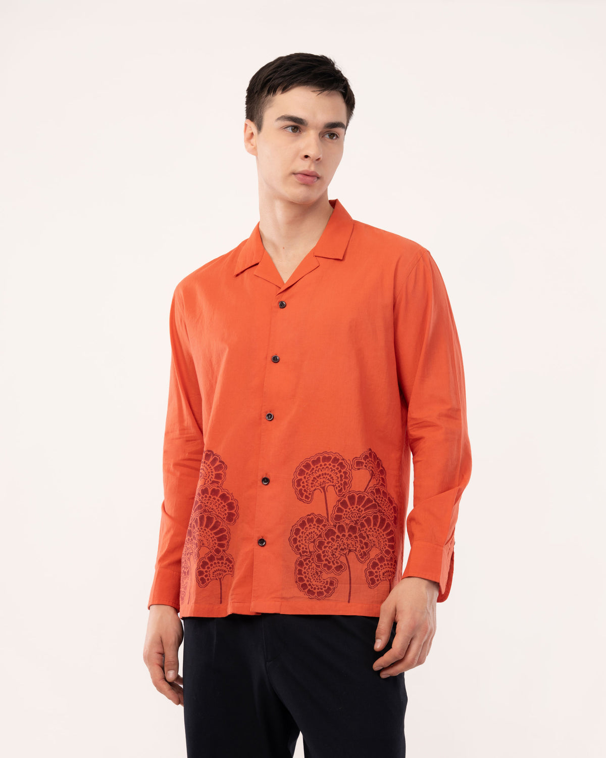 Rust Red Block Print Cuban Collar Shirt for Men