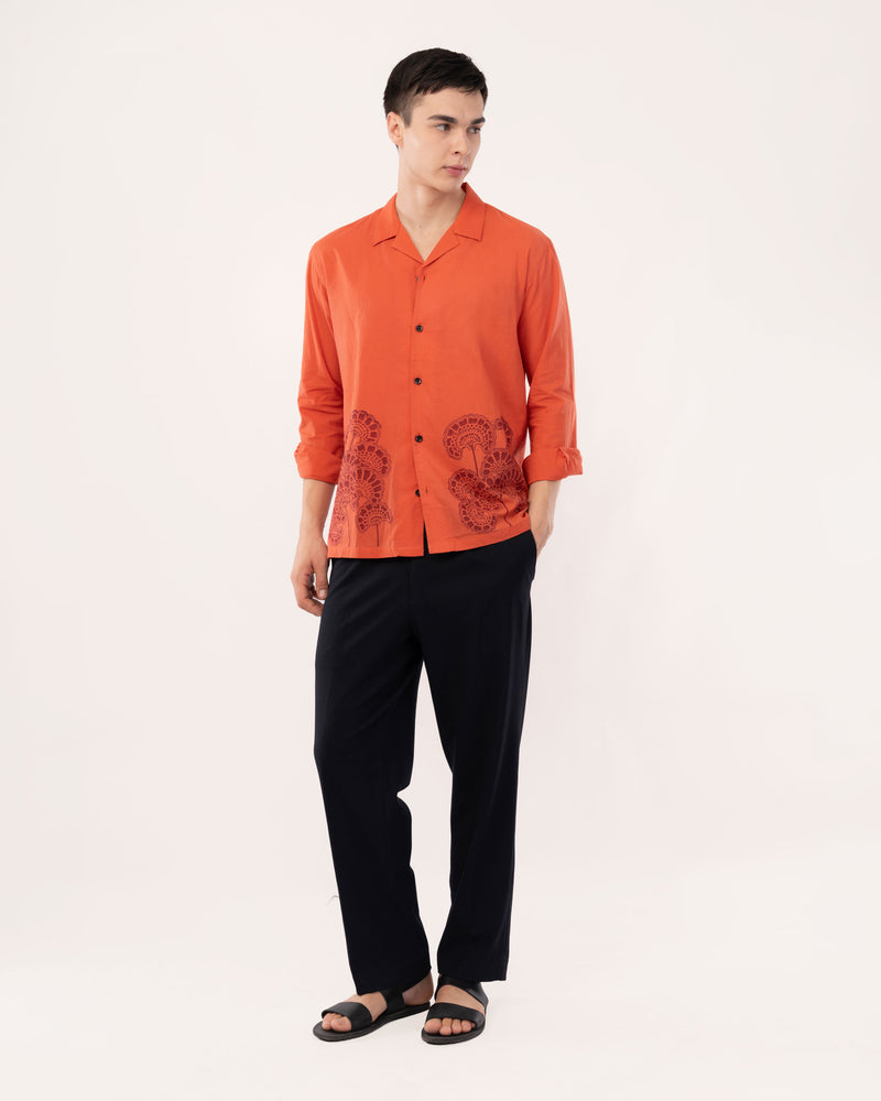 Rust Red Block Print Cuban Collar Shirt for Men
