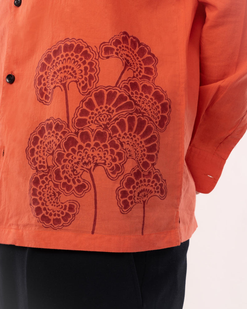 Rust Red Block Print Cuban Collar Shirt for Men