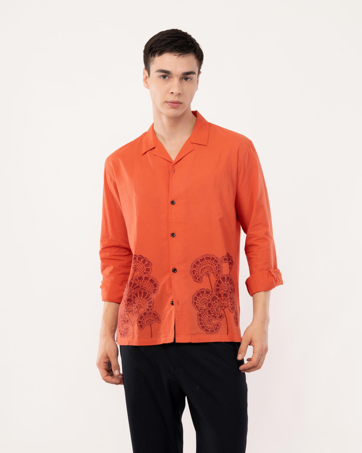Rust Red Block Print Cuban Collar Shirt for Men