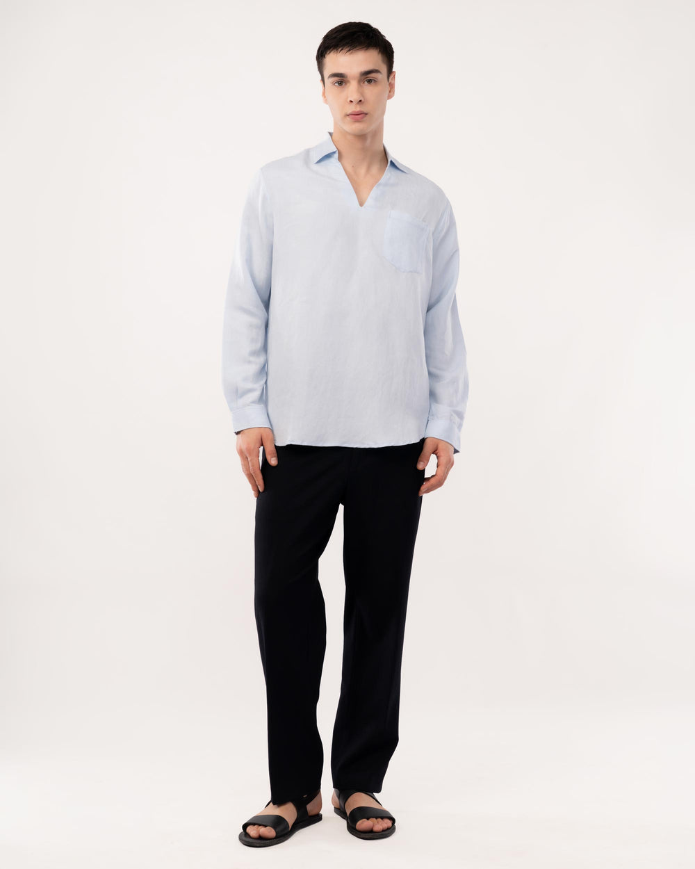 Sky Blue Linen Popover Shirt for Men