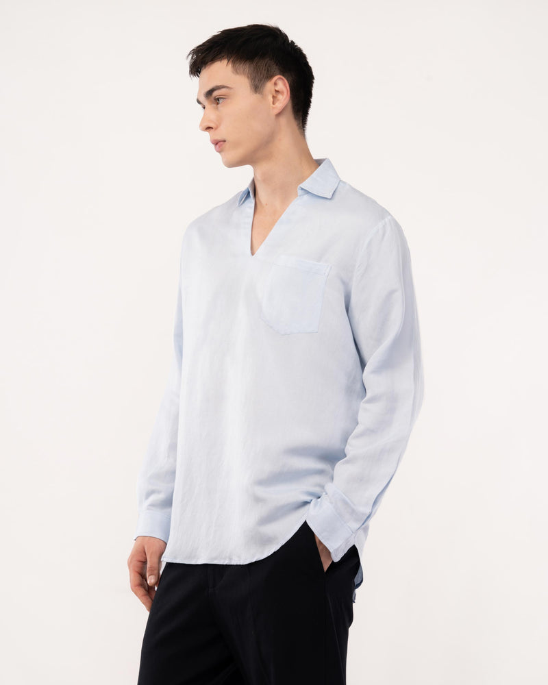 Sky Blue Linen Popover Shirt for Men